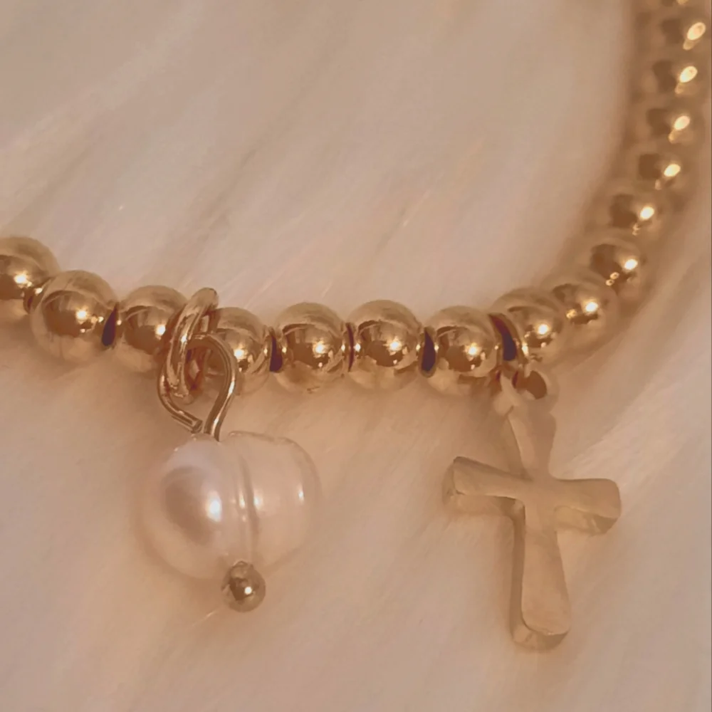 Gold Beaded Bracelet with Gold Cross Charm & Faux Pearl Charm - Picture 6 of 7